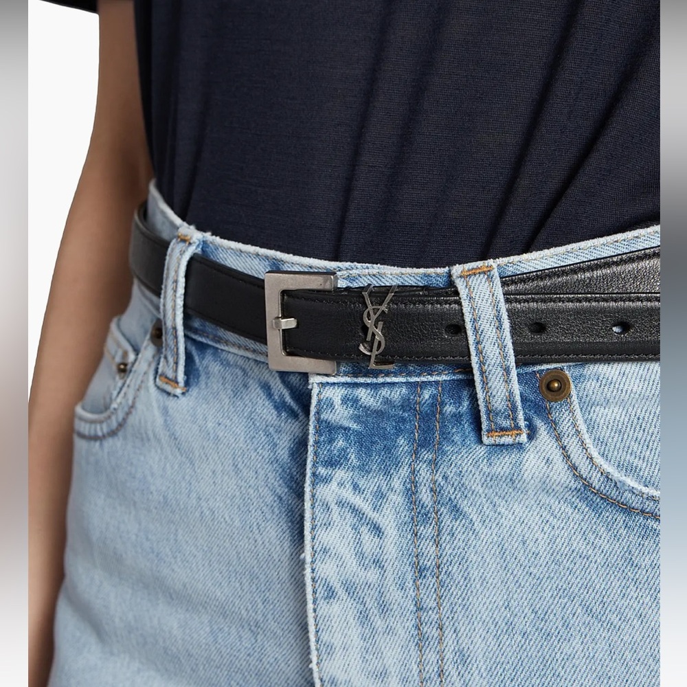 YSL Saint Laurent Thin Belt Square Buckle Smooth Leather Black Silver 75 X-small - Picture 1 of 7